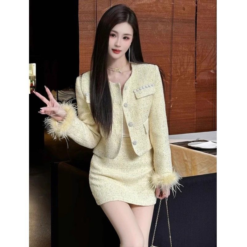 小香风时尚显瘦气质高级感名媛拼接外套纯欲风高腰半身裙两件套女