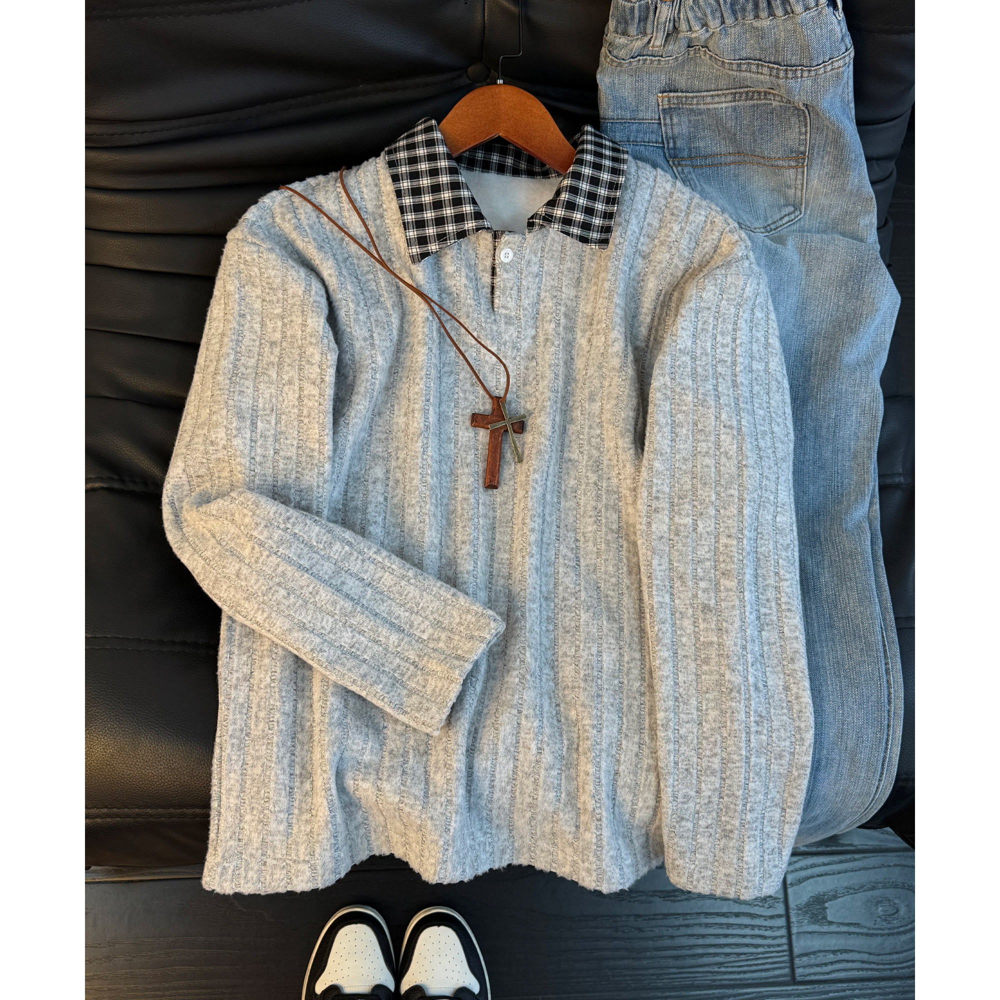 假两件复古格纹拼接卫衣男秋冬情侣加绒加厚polo领高级感内搭外套