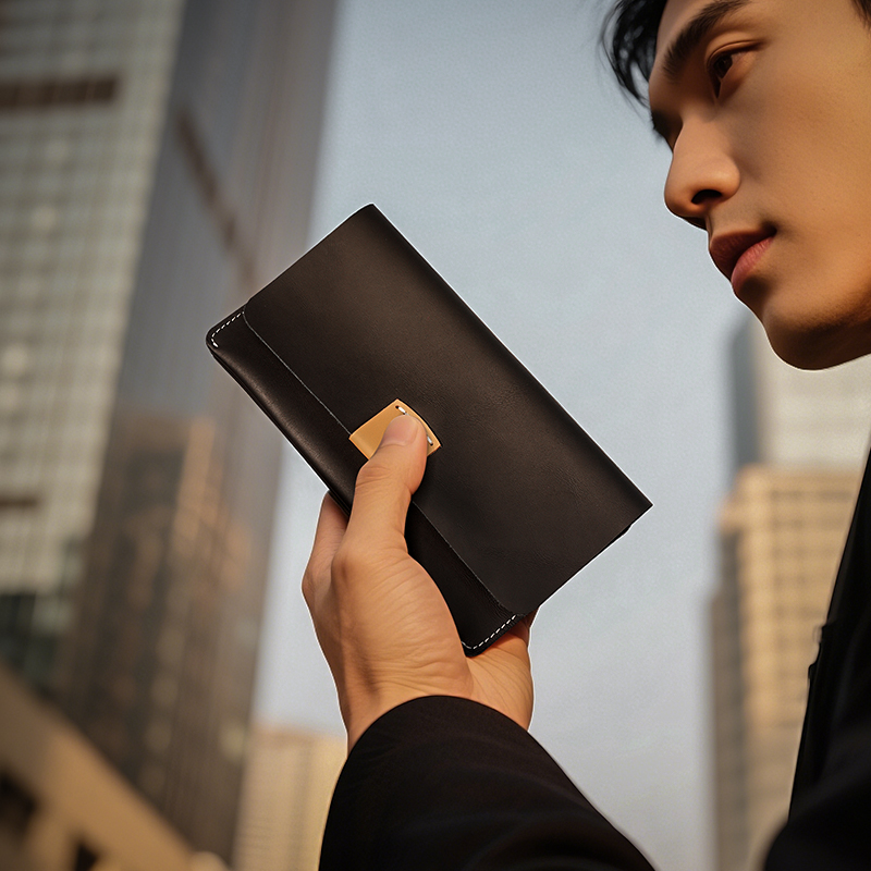 鹿师傅三折叠男士简约头层牛皮手机包真皮手工长款轻奢钱包