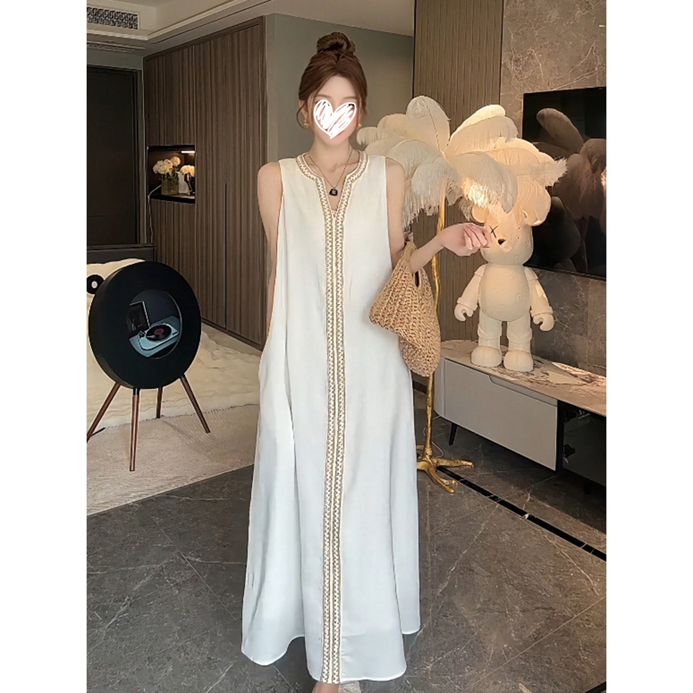 洋气衣服女波西米亚风无袖新中式简单大方的背心连衣裙长裙女夏季