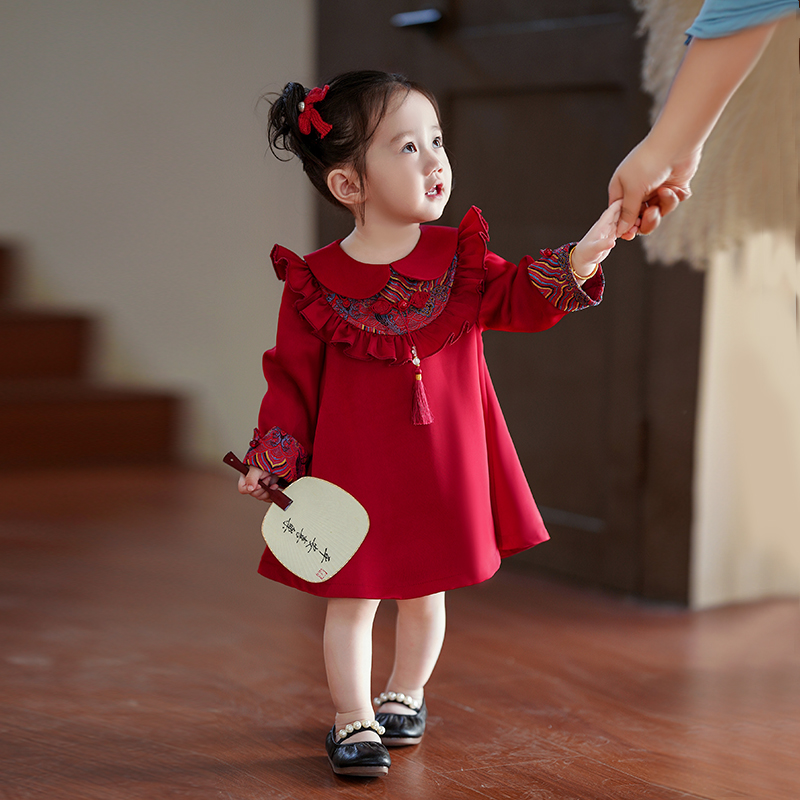 婴儿衣服秋季红色新中式一岁抓周服唐装旗袍连衣裙周岁女宝宝礼服