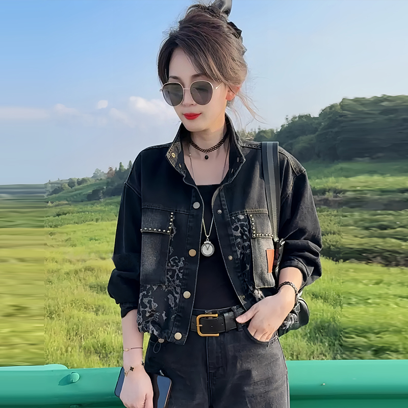 高含棉豹纹拼接牛仔短外套女2025年秋冬新款复古时尚百搭夹克上衣