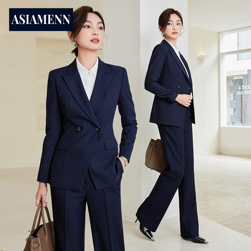 品牌西装套装女秋高端条纹修身西服两件套职业正装时尚通勤工作服