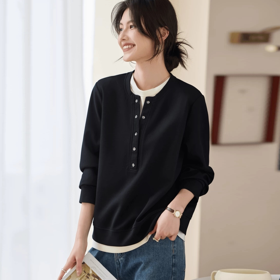 高品质棉质假两件黑色卫衣女秋季新款百搭休闲设计感拼色气质上衣