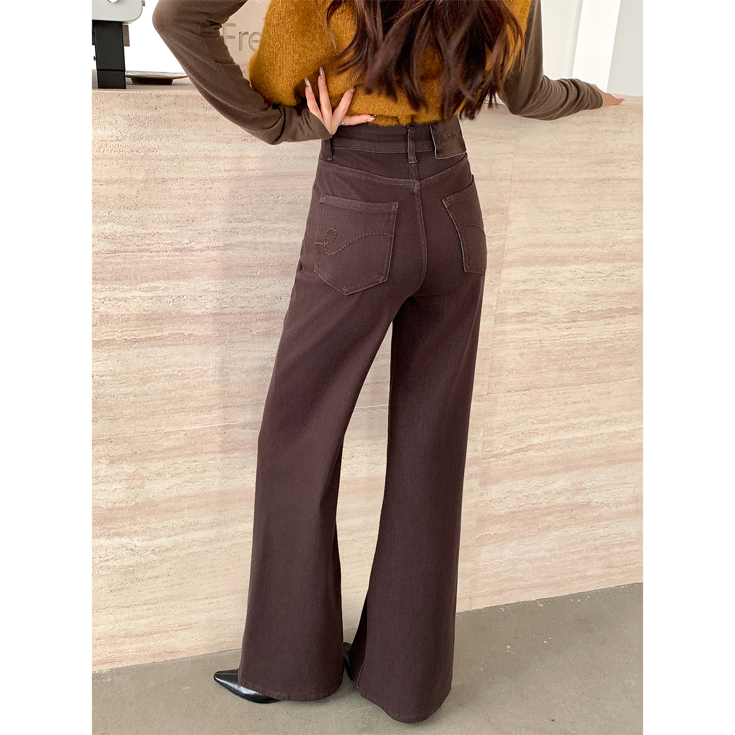 美思源美拉德棕喇叭牛仔裤女2025新款秋季高腰显瘦复古筒喇拖地裤