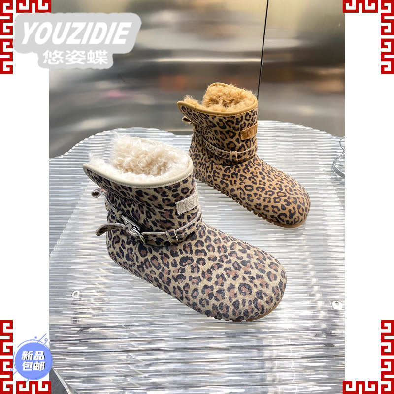 YOUZIDIE欧洲站2025冬季新款时尚豹纹面包鞋复古平底毛毛鞋保暖防