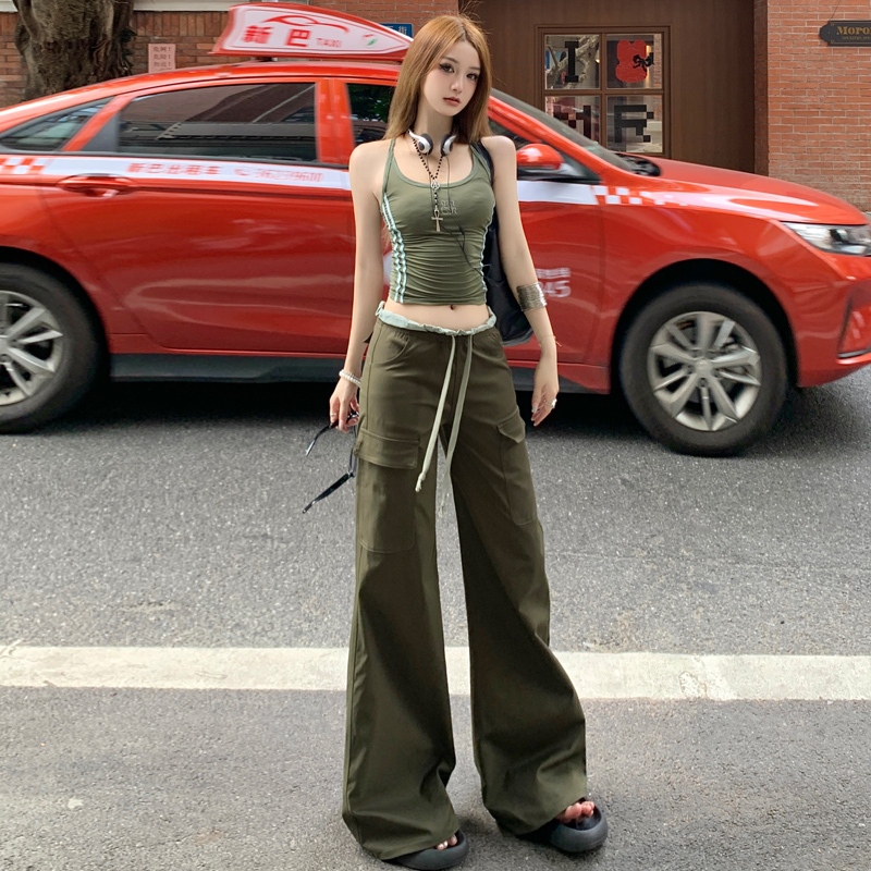 美式街头工装休闲裤女低腰宽松夏季显瘦松紧腰抽绳多口袋阔腿长裤