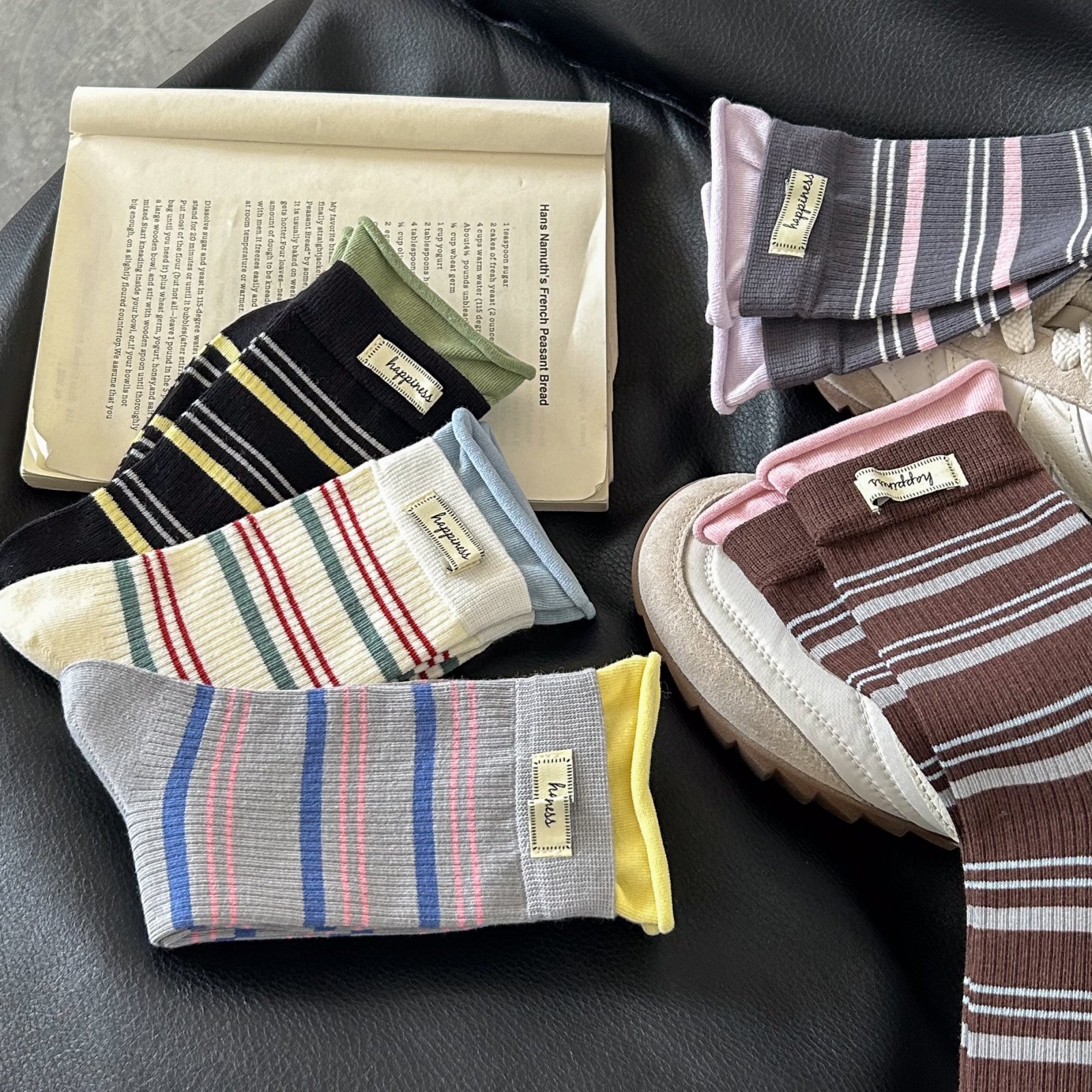 袜子女春秋季无骨中筒袜棉韩国卷边撞色条纹堆堆袜ins潮2025新款