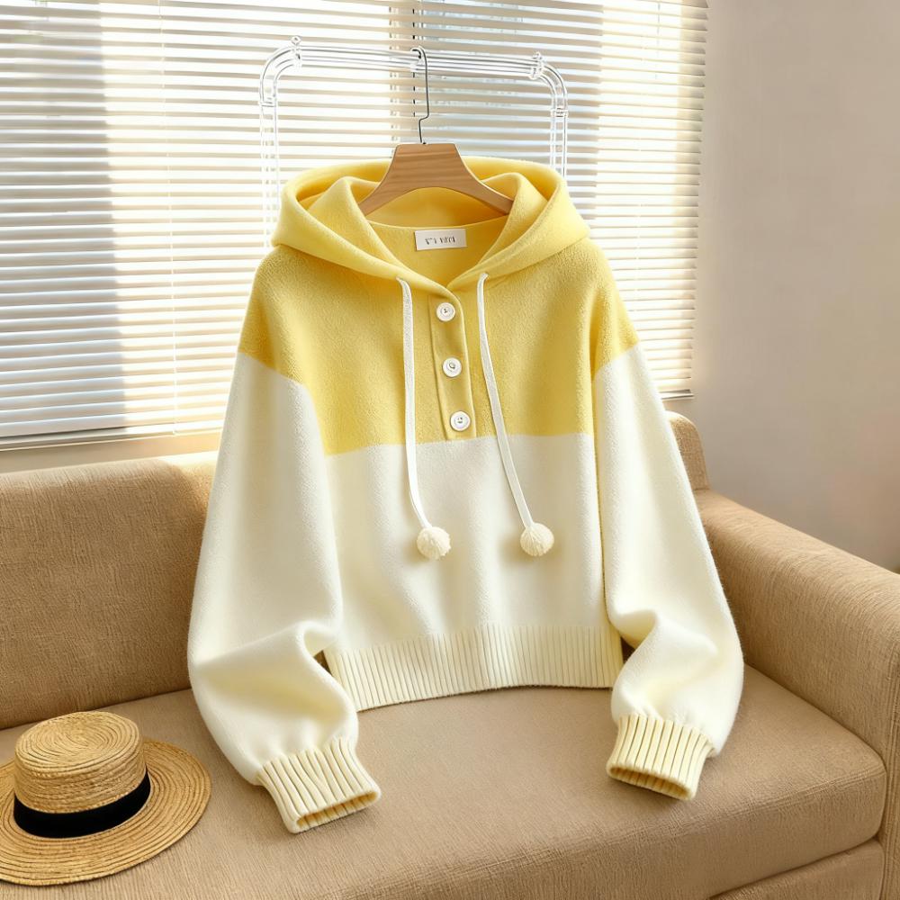 今年流行爆款柠檬黄撞色针织上衣女秋季新款小众减龄黄色连帽毛衣