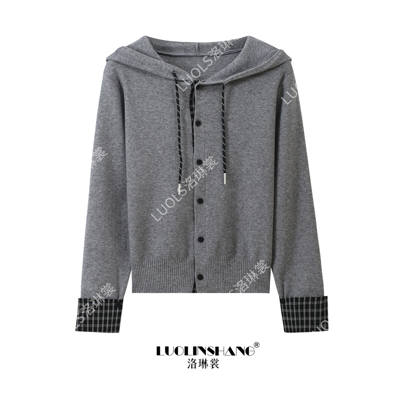 设计感拼接连帽抽绳针织开衫秋冬新款休闲百搭宽松显瘦韩系上衣女