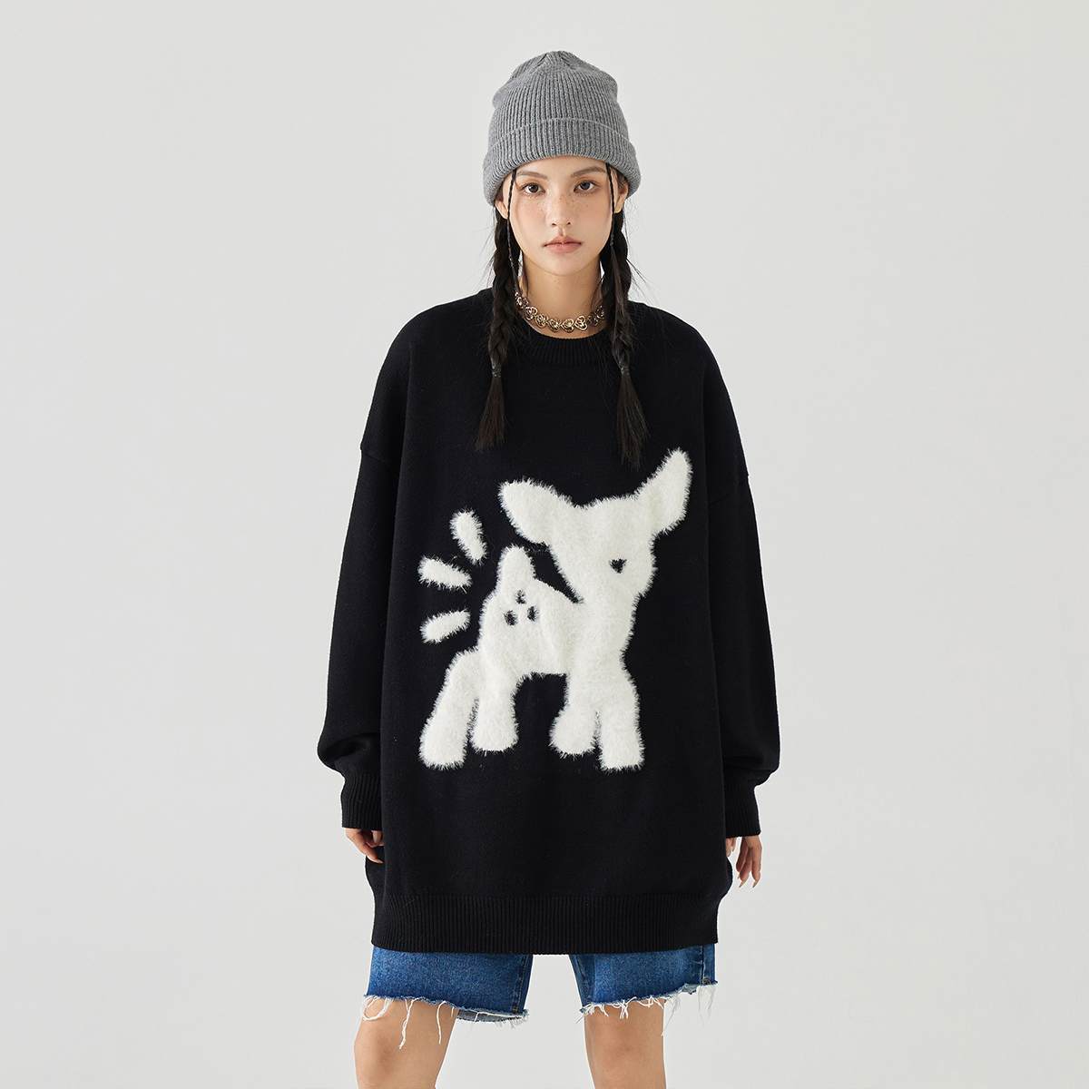 【明星同款】卡通动物图案仿软糯落肩毛衣情侣款