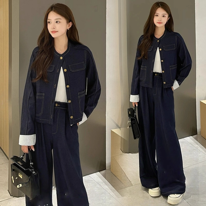 复古牛仔套装女2025秋季新款时髦条纹拼接短款上衣阔腿裤两件套潮