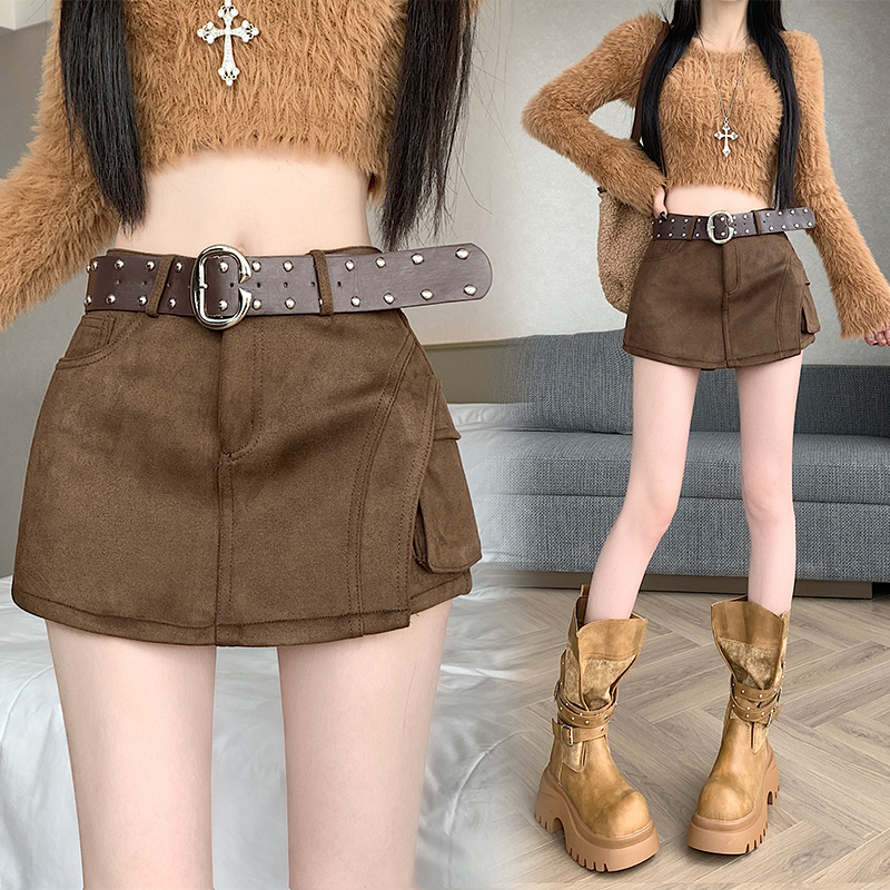 鹿皮绒高腰半身裙女秋冬新款甜酷辣妹百搭工装短裙弹力A字裤裙