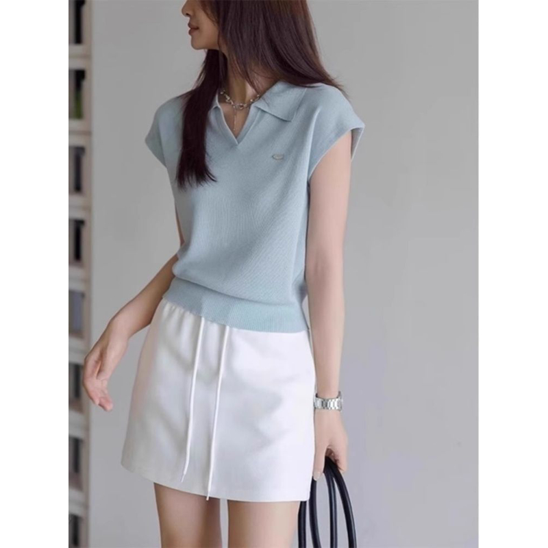 蓝色正肩polo衫女修身针织短袖t恤夏季减龄显瘦短款翻领v领上衣