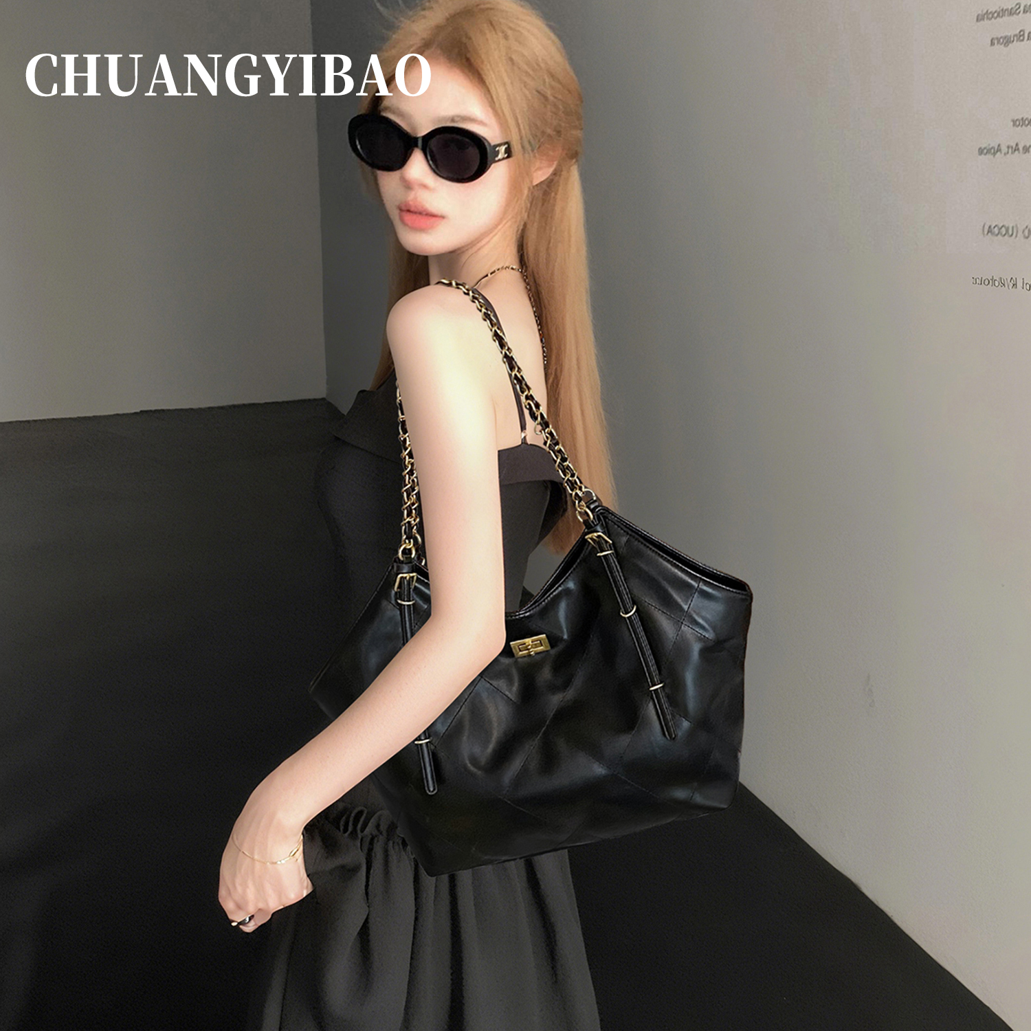 大容量黑色链条托特包包女2025新款潮秋冬轻奢小众高级感通勤大包