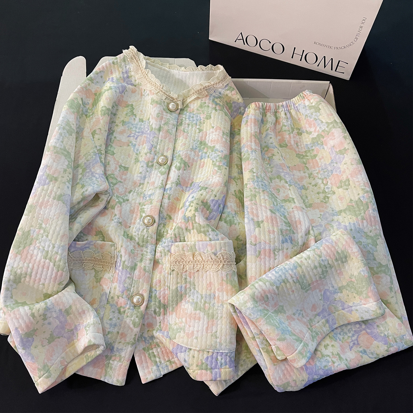 韩系睡衣女新款秋冬季加厚保暖开衫绿色空气棉夹层宽松家居服套装