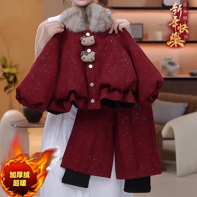 女童红色小香呢子加绒套装2025新款冬装年服加厚外套假两件阔腿裤