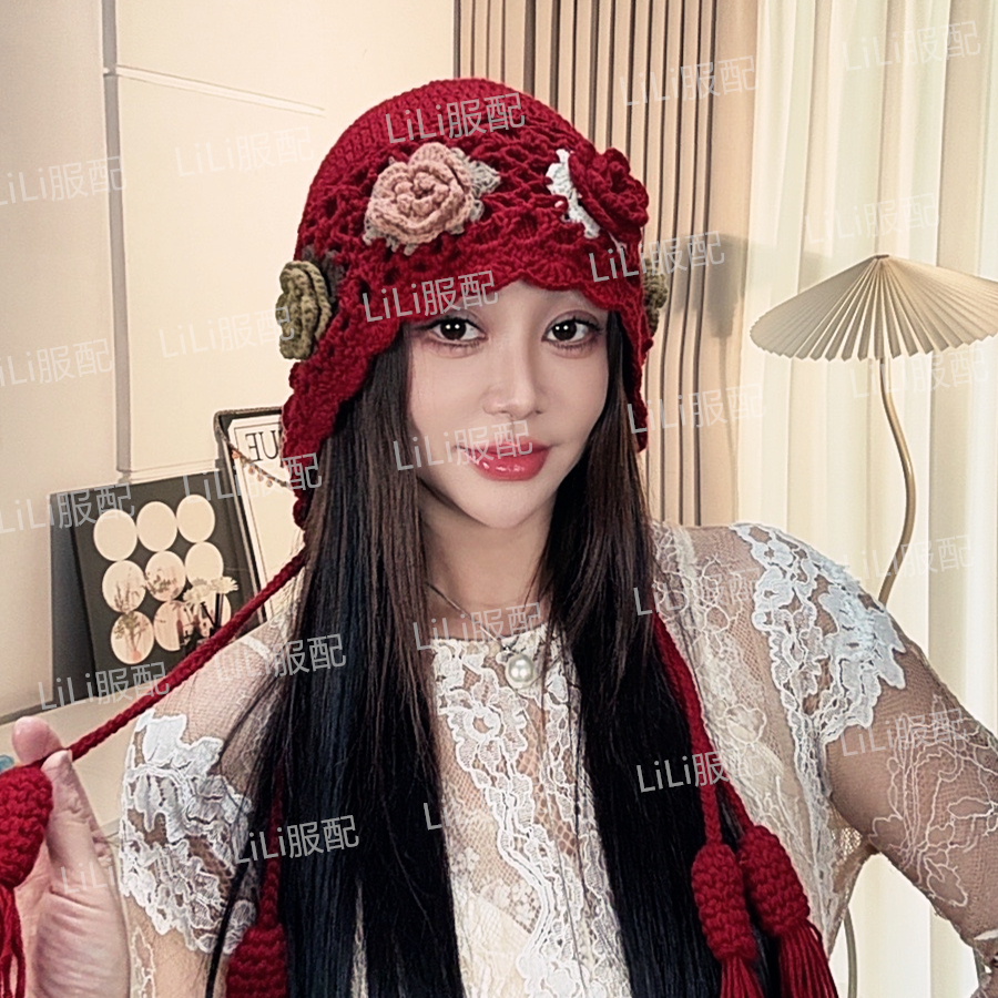 秋冬新款手工钩花七彩花朵流苏帽时尚毛线帽民族风双层钩织包头帽