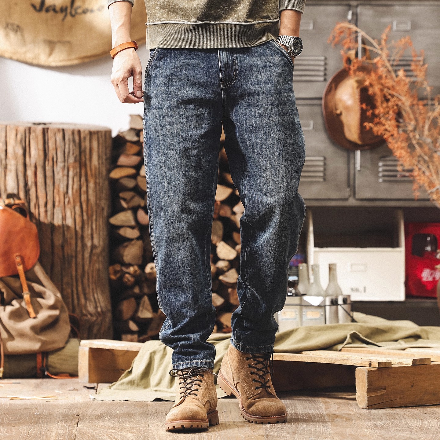 美式复古加绒牛仔裤男2025新款宽松直筒潮牌冬季水洗休闲裤子男款