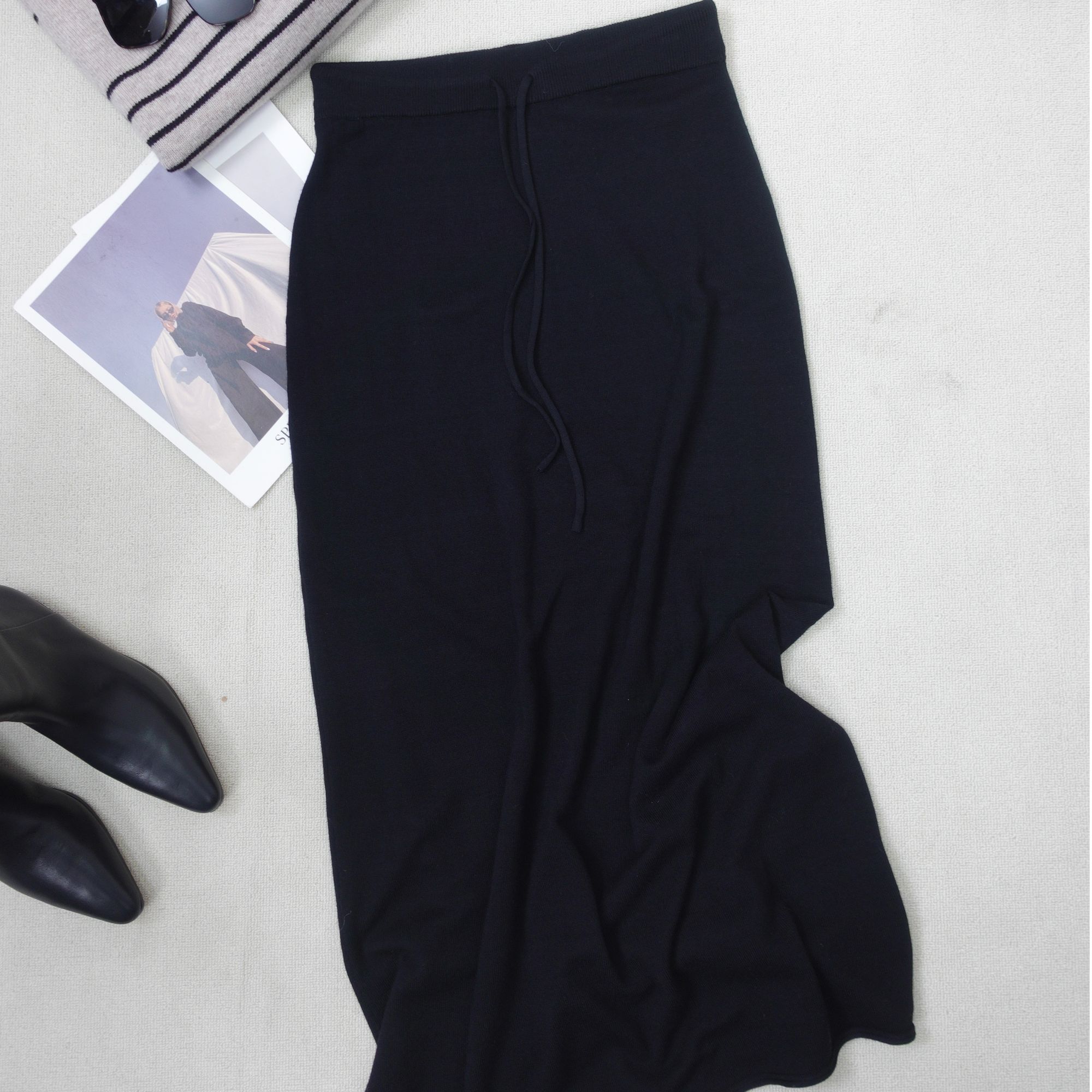 针织长款半身裙弹力大百搭款时尚休闲打底黑色修身纯色半身裙5685