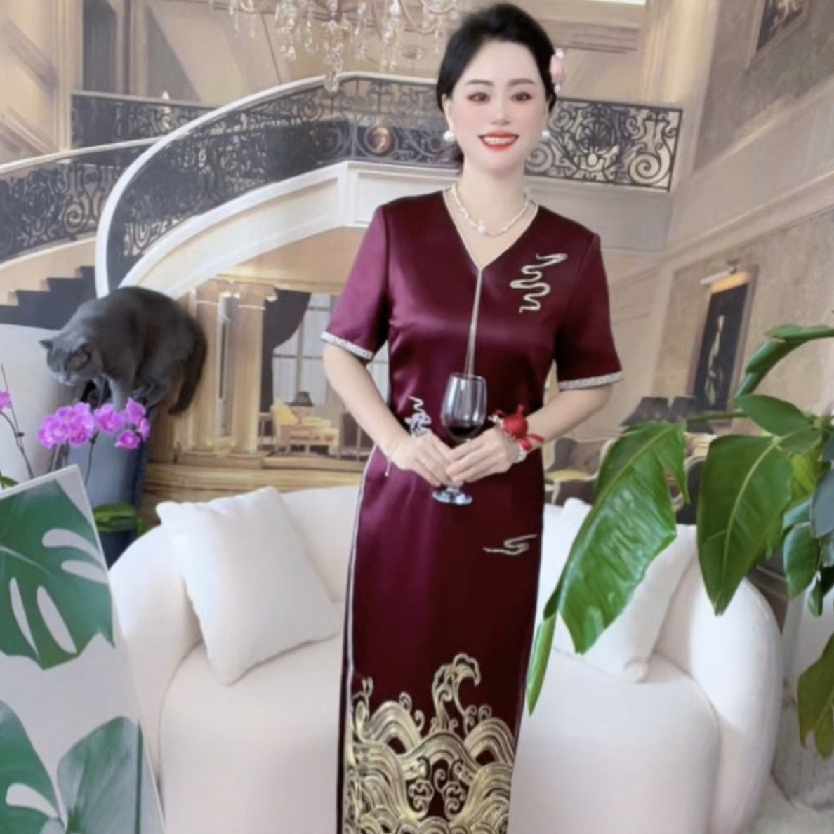 喜婆婆喜妈妈显瘦气质时尚夏季国风印花连衣裙洋气中老年红色女士