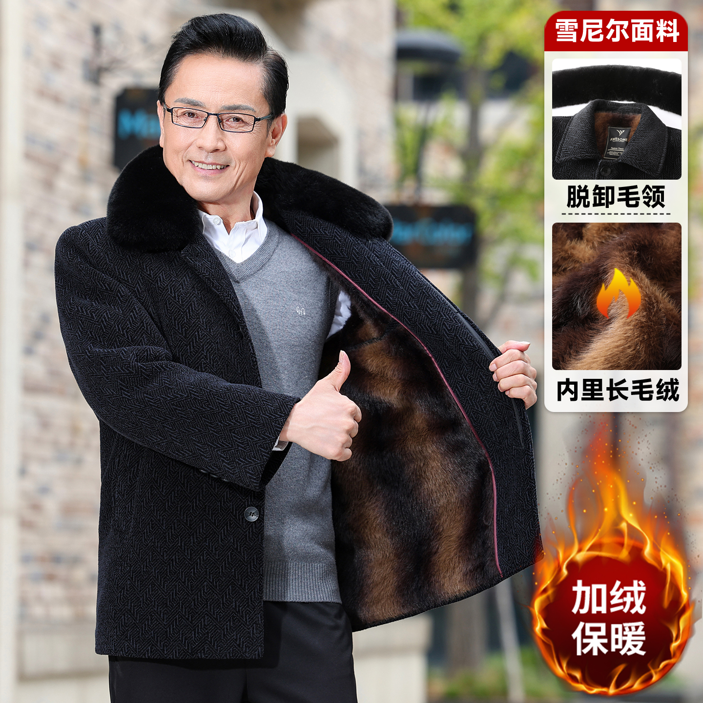 冬季中老年男士加绒加厚毛呢大衣爸爸装中长款保暖外套冬装棉衣