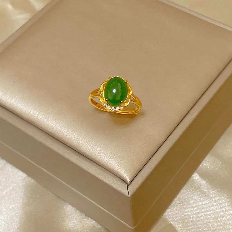 铜合金戒指 复古轻奢金色女戒绿色开口指环妈妈生日礼物原创设计