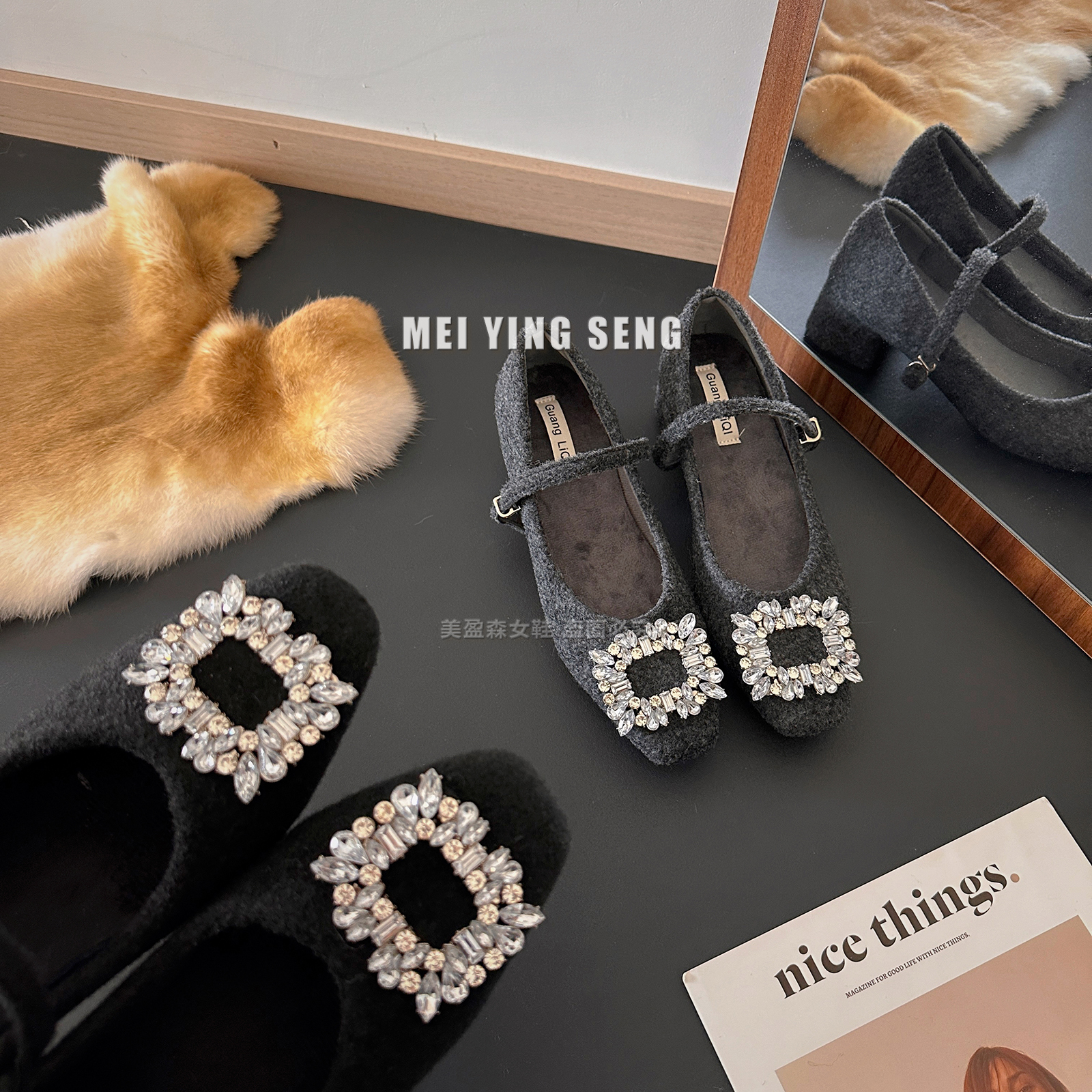 女士气质玛丽珍鞋女加绒法式晚风方头水钻呢子毛毛鞋女冬外穿单鞋