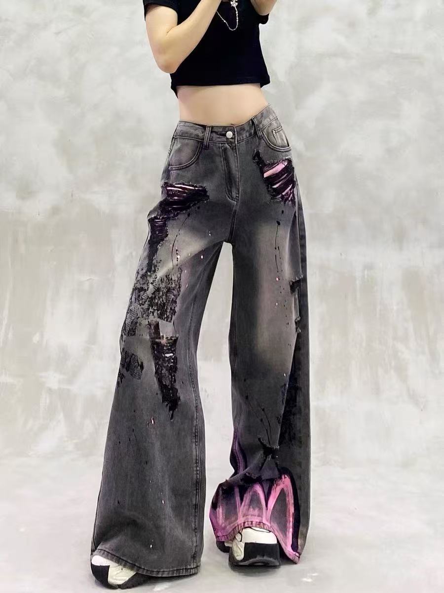 胖mm美式设计感破洞拼色牛仔裤女大码夏季新款辣妹宽松显瘦阔腿裤