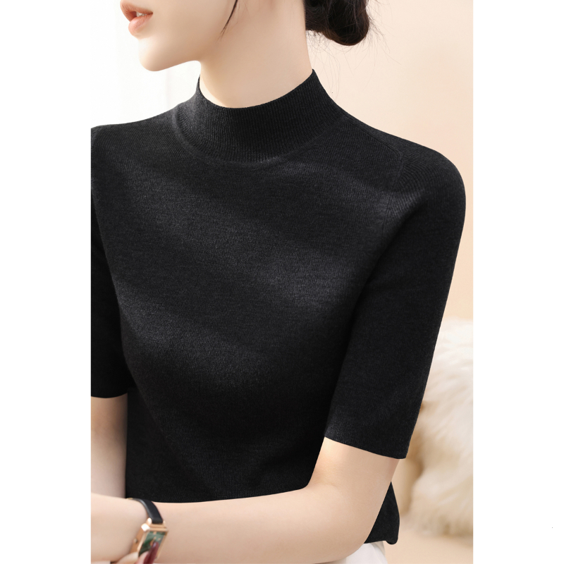 高级感半高领打底修身女装五分袖针织衫秋季韩系穿搭内搭中袖上衣