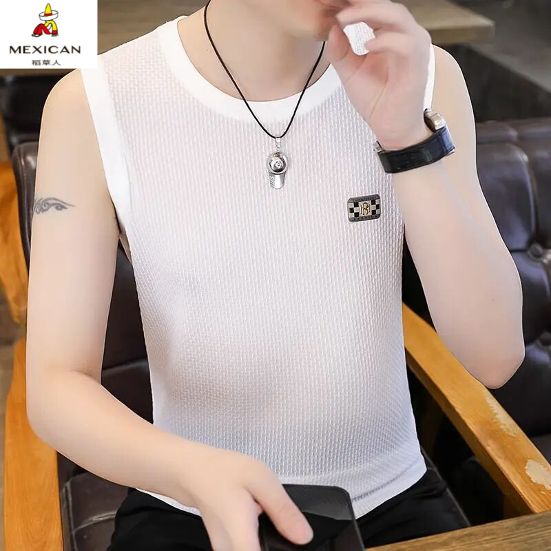 稻草人男士背心夏季新款冰丝透气运动健身修身潮流无袖t恤镂空坎