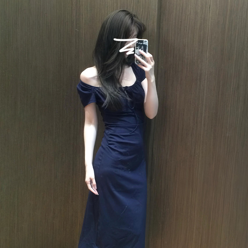 法式蓝色包臀连衣裙子女早春季2025年新款高级感收腰显瘦气质长裙