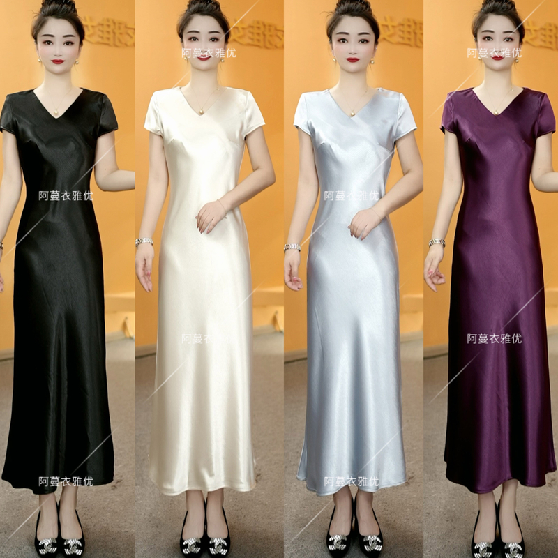 【衣雅严选】8070-1989#新款高定重磅桑丝琉璃缎短袖显瘦连衣裙