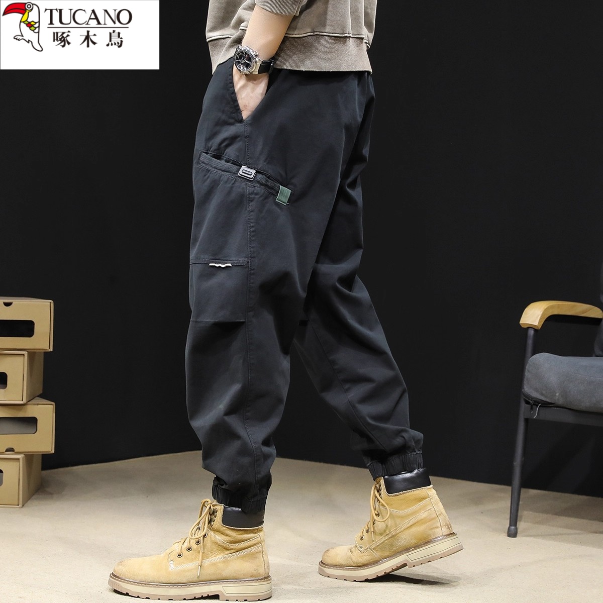 啄木鸟春秋休闲潮牌工装裤2025新款宽松哈伦男士休闲裤弹力束脚裤