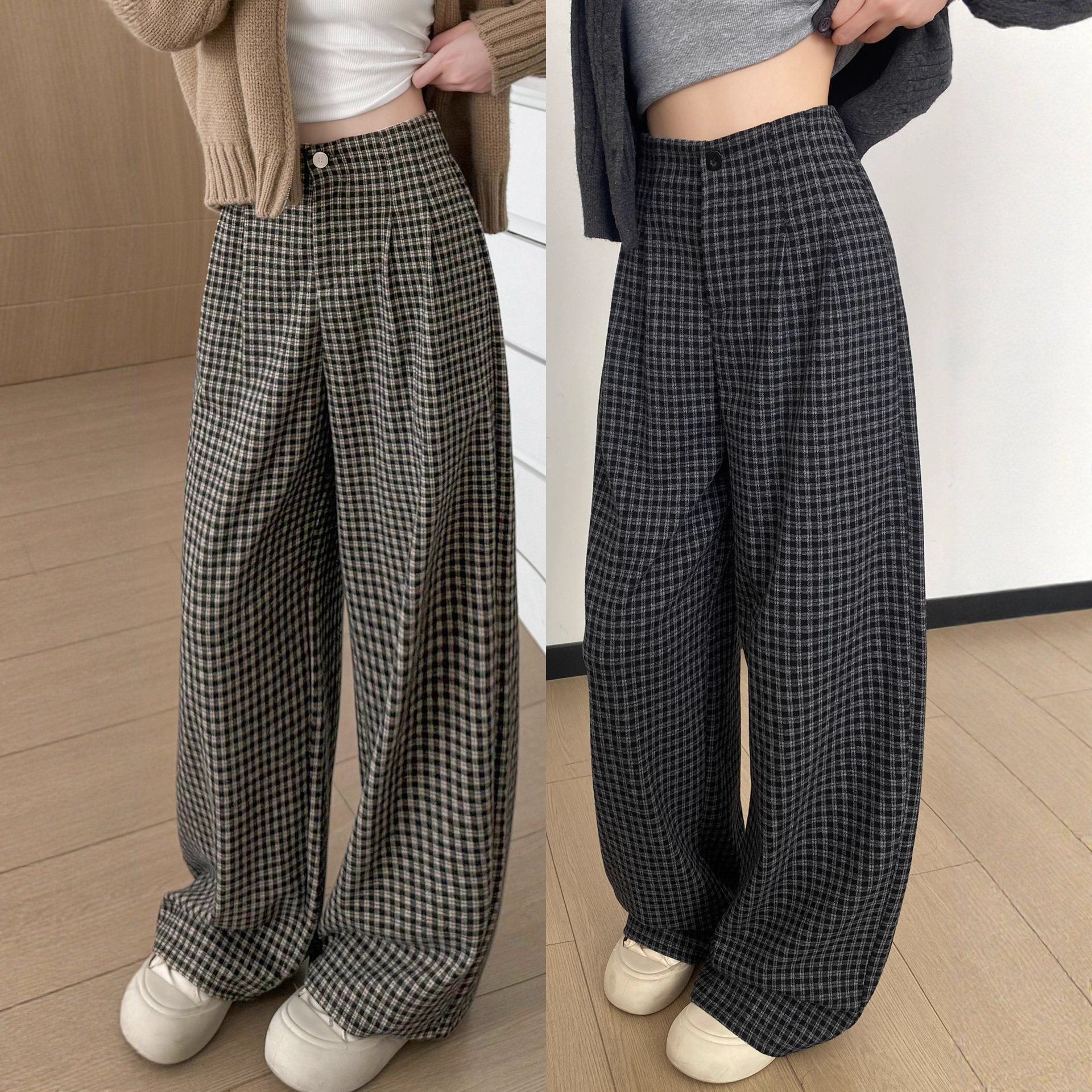 格子裤子女2025新款秋季高腰显瘦宽松bf慵懒风直筒休闲窄版阔腿裤