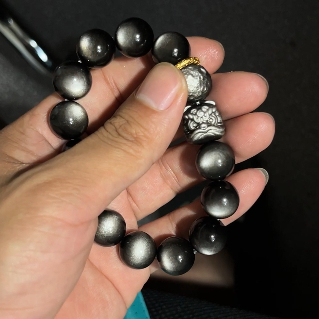 天然特亮银曜石月球手串醒狮国潮男士手链复古雕刻文玩黑曜石手串