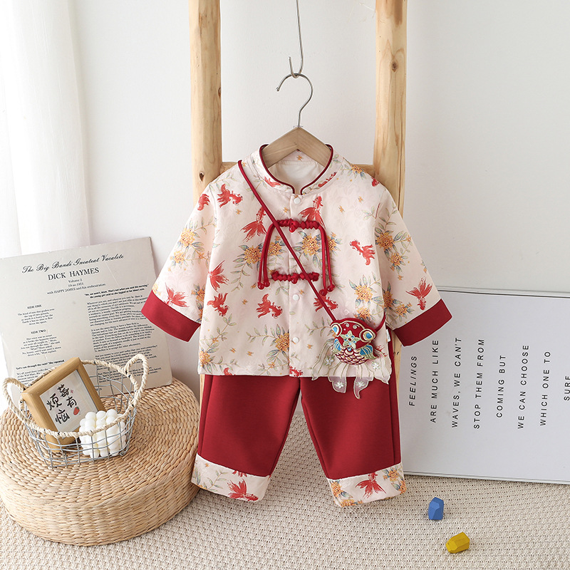 抓周婴儿礼服套装一周岁女宝宝生日宴小金鱼挎包国风汉服套装唐装