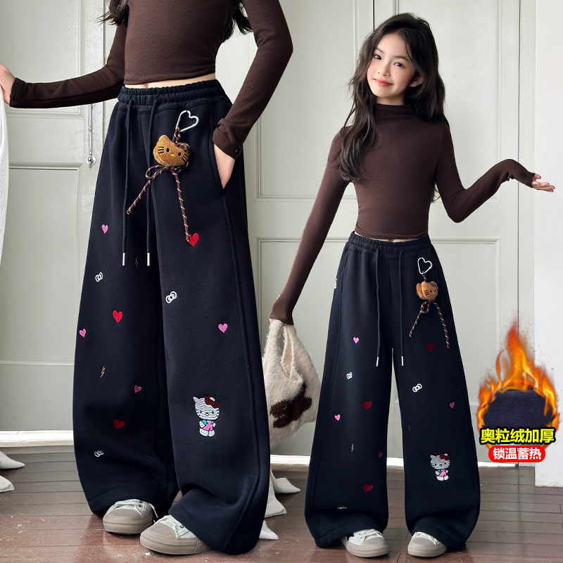 女童加绒裤子2025秋冬装新款6-12岁加厚保暖刺绣KT猫一体绒卫裤