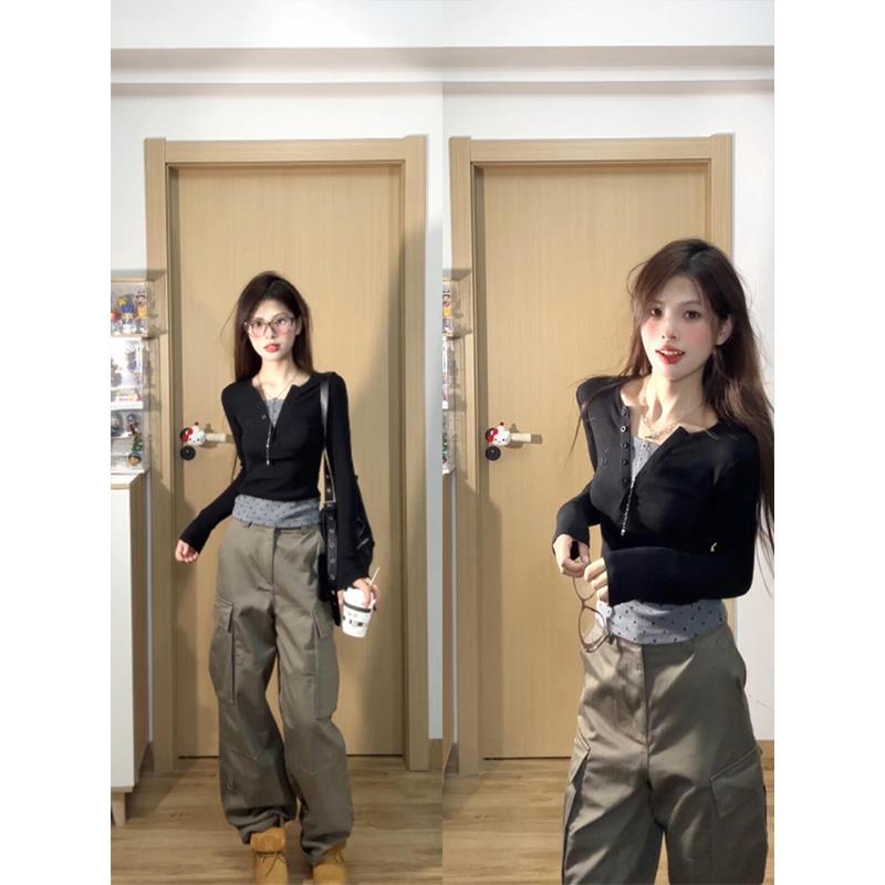 辣妹波点假两件V领长袖T恤女秋季新款别致紧身短款内搭打底衫上衣