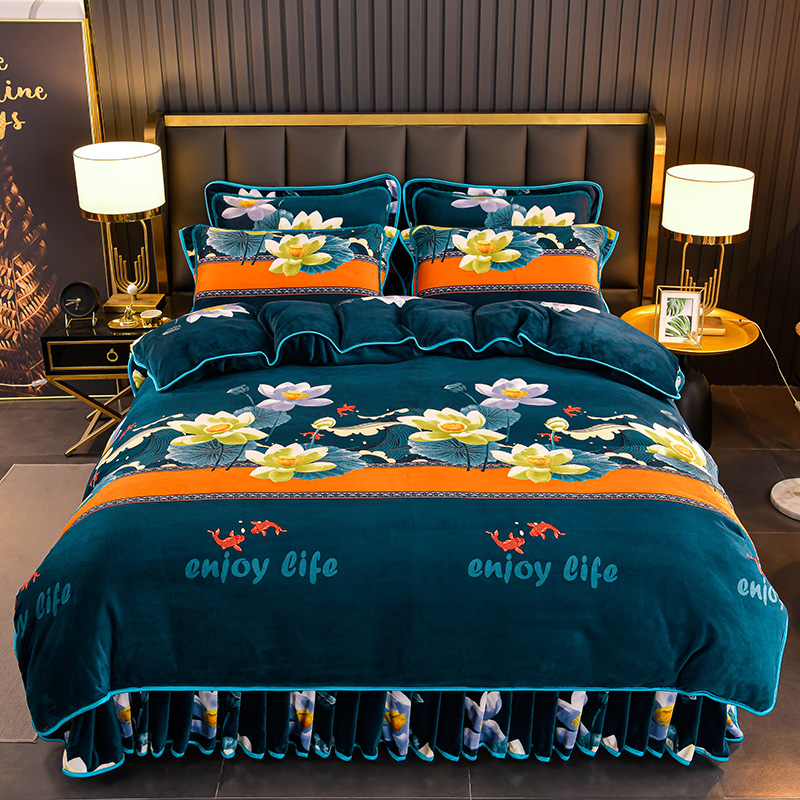 加绒加厚牛奶绒四件套重约8--9斤床裙款双面绒被套家用床上用品