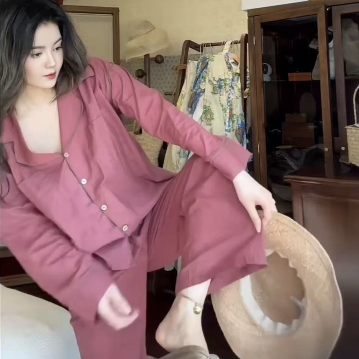 力婷睡衣女士本命年新款红色纯棉长袖长裤韩版气质时尚减龄套装