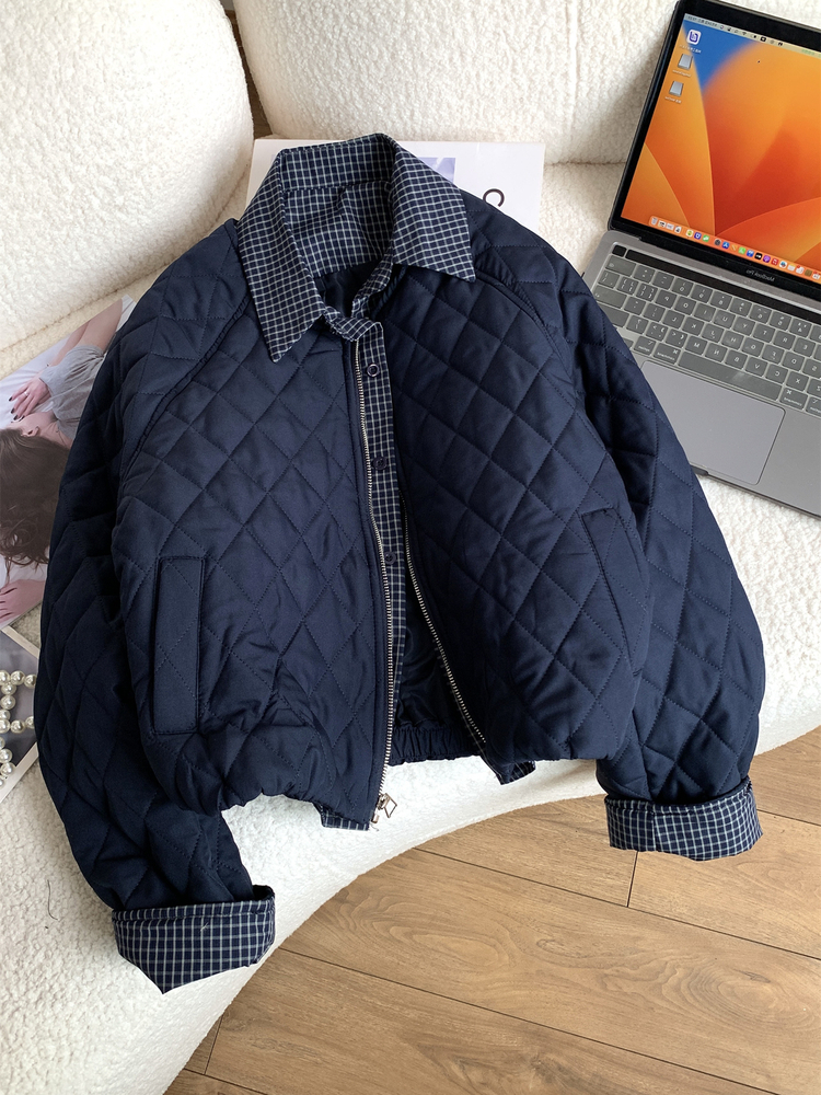 复古格纹拼接假两件菱格棉服女2025秋冬休闲宽松百搭翻领夹棉外套