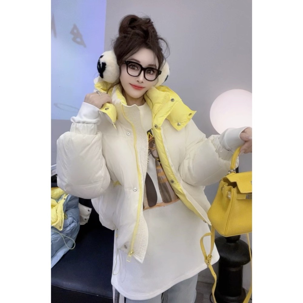 欧货2025年冬季新款拼接撞色字母时尚百搭短款棉服女加厚过冬棉衣