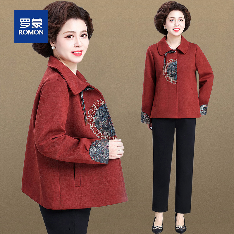 罗蒙气质新中式妈妈春秋毛呢外套女新款时尚短款大码中老年人上衣