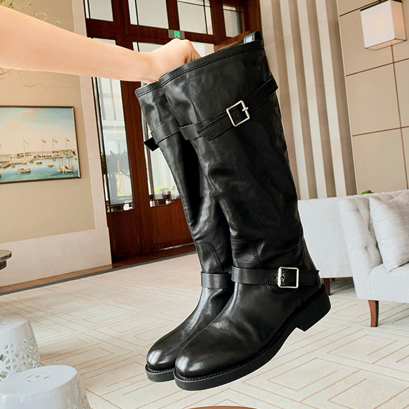秋冬新款腿精出街~时尚圆头时髦皮带扣粗跟长靴女高筒骑士靴长筒