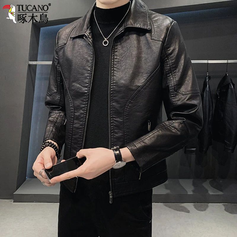 啄木鸟男士海宁真皮皮衣秋冬季新款翻领皮夹克高端机车服外套