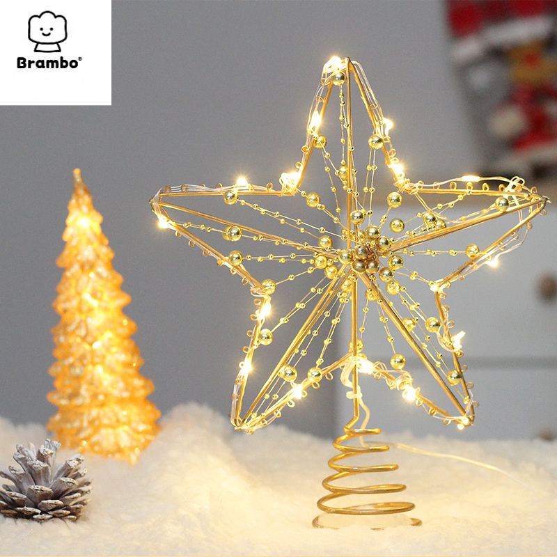 跨境新品 圣诞节装饰品 铁艺串珠LED发光树顶星 星星圣诞树装饰品