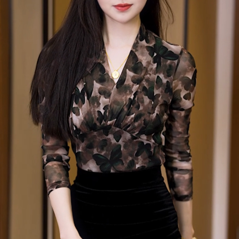 印花v领女士上衣2025新款秋季高级感长袖网纱气质显瘦打底衫t恤女