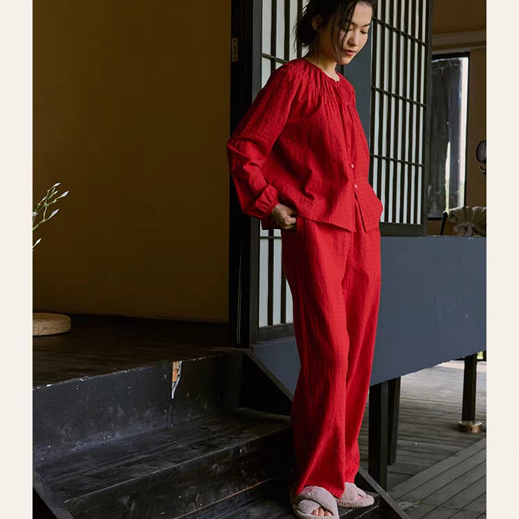 女士秋冬圆领红色本命年结婚长袖长裤纯棉睡衣套装