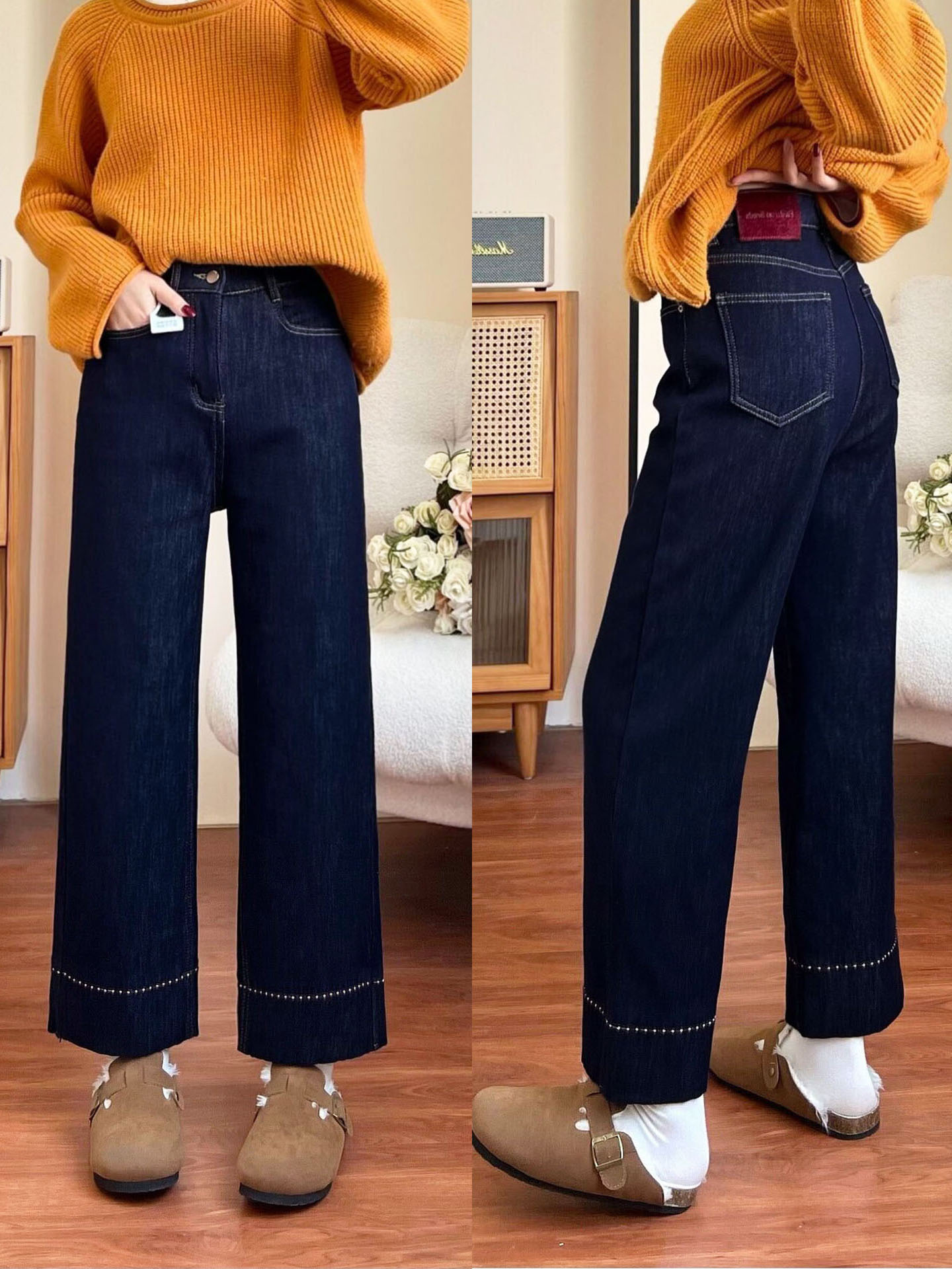 黑金色直筒牛仔裤女2025秋季新款胖mm梨形身材高腰弹力九分阔腿裤